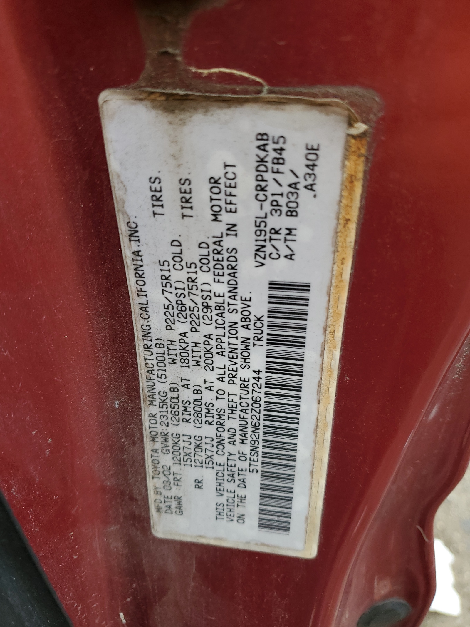 5TESN92N62Z067244 2002 Toyota Tacoma Xtracab Prerunner