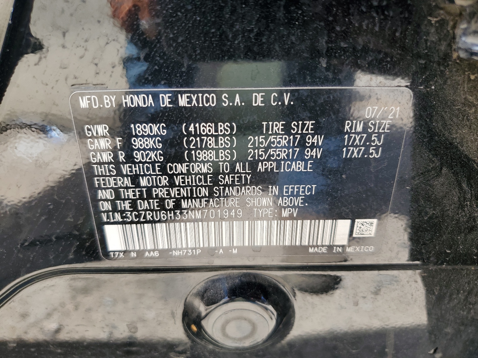 3CZRU6H33NM701949 2022 Honda Hr-V Lx