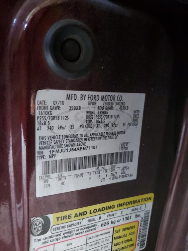 2010 Ford Expedition Eddie Bauer VIN: 1FMJU1J54AEB71181 Lot: 63206814