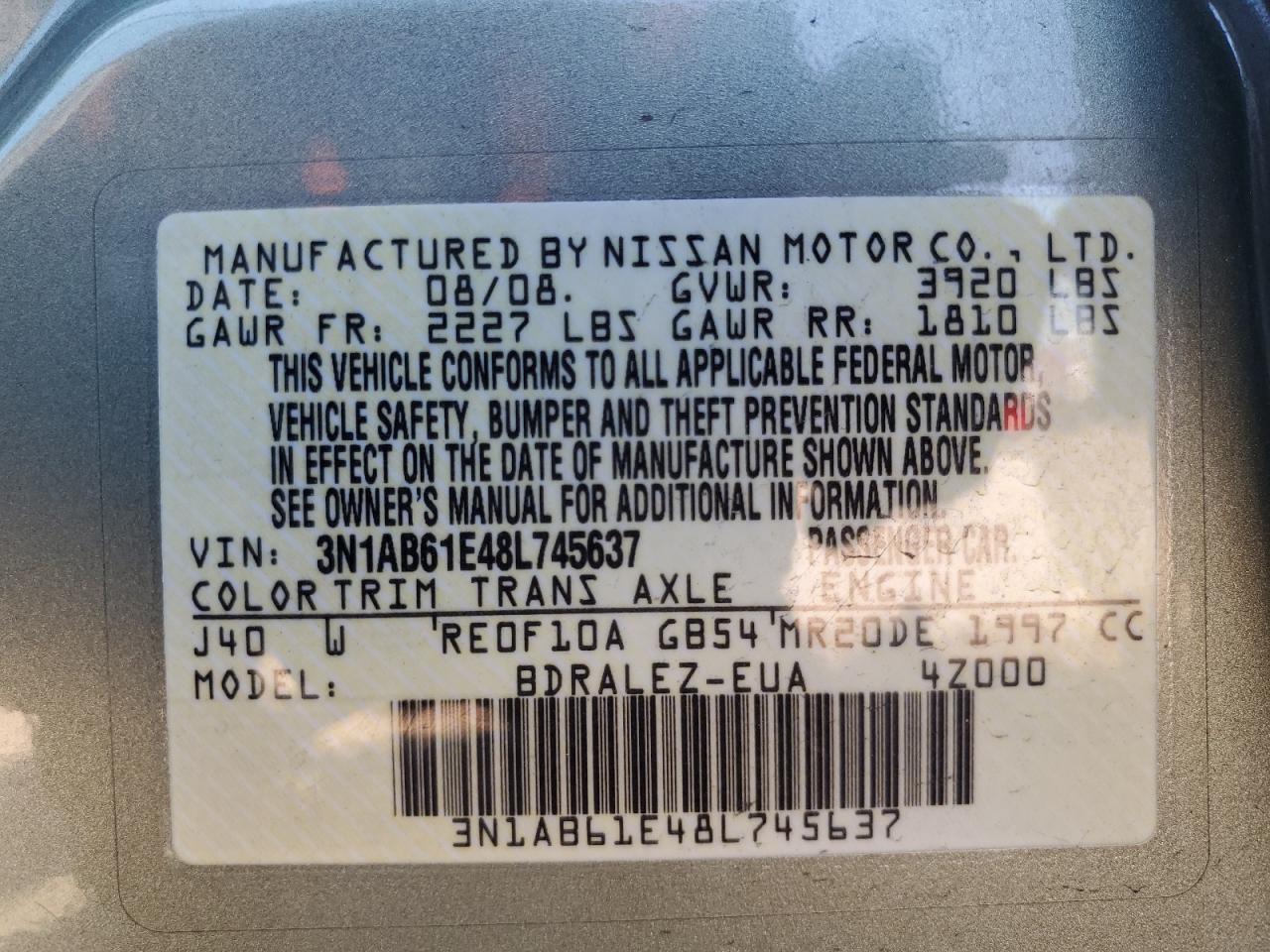 3N1AB61E48L745637 2008 Nissan Sentra 2.0