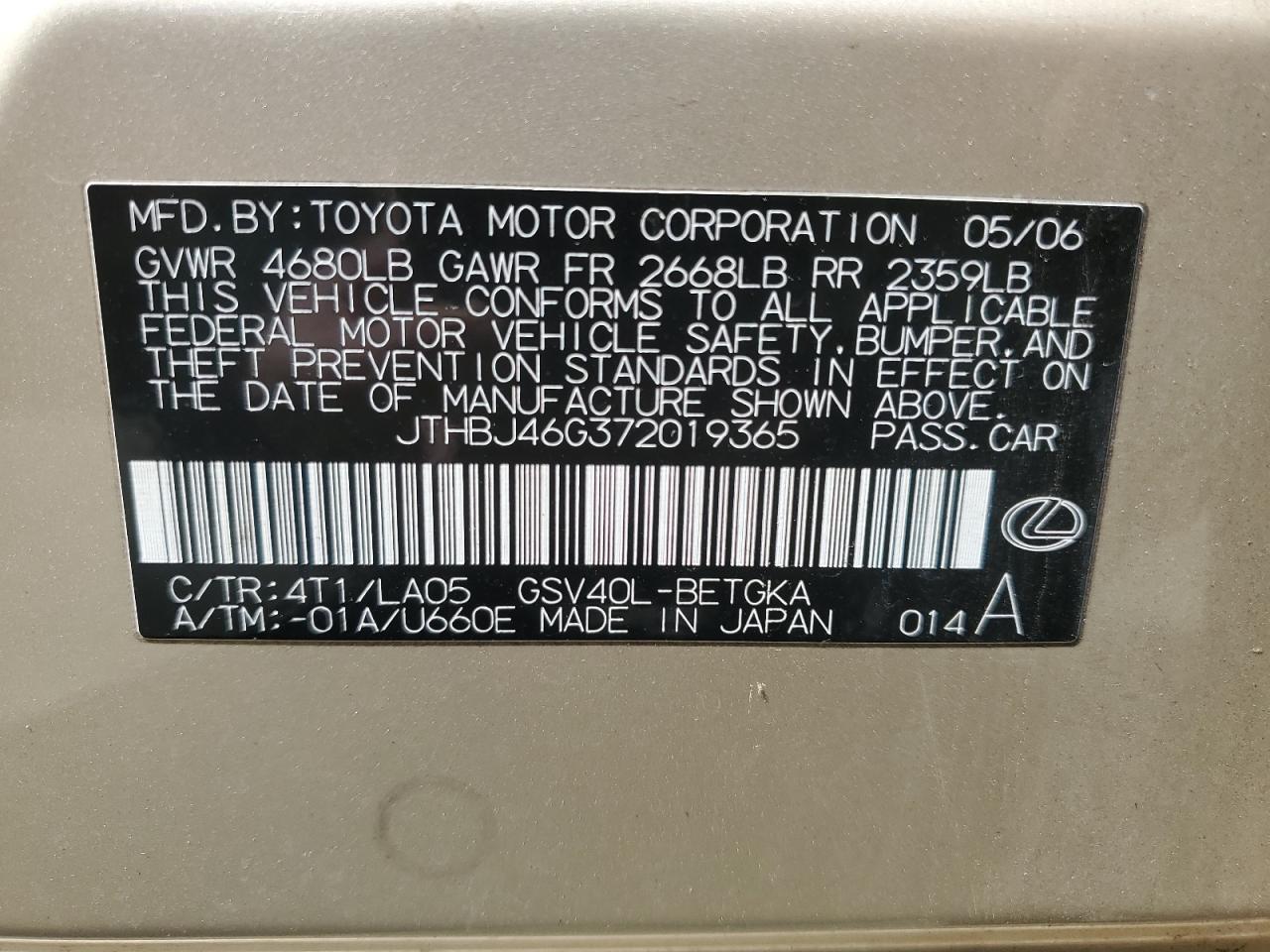 2007 Lexus Es 350 VIN: JTHBJ46G372019365 Lot: 62767144