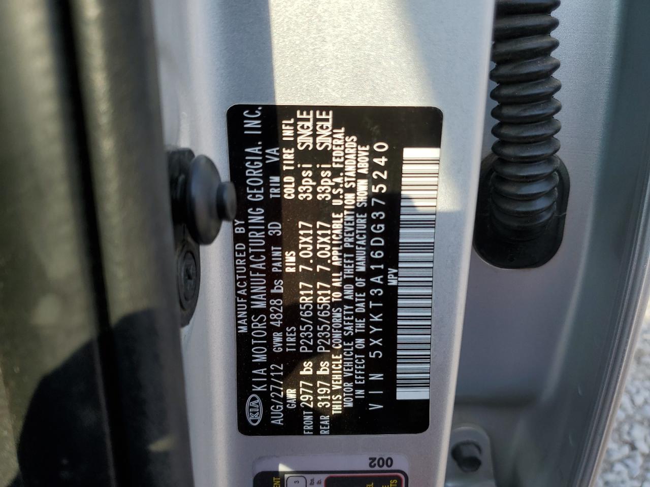 2013 Kia Sorento Lx VIN: 5XYKT3A16DG375240 Lot: 63284384