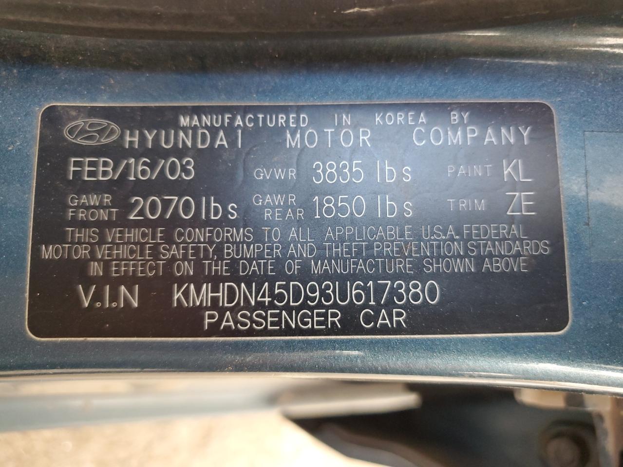 2003 Hyundai Elantra Gls VIN: KMHDN45D93U617380 Lot: 65556684