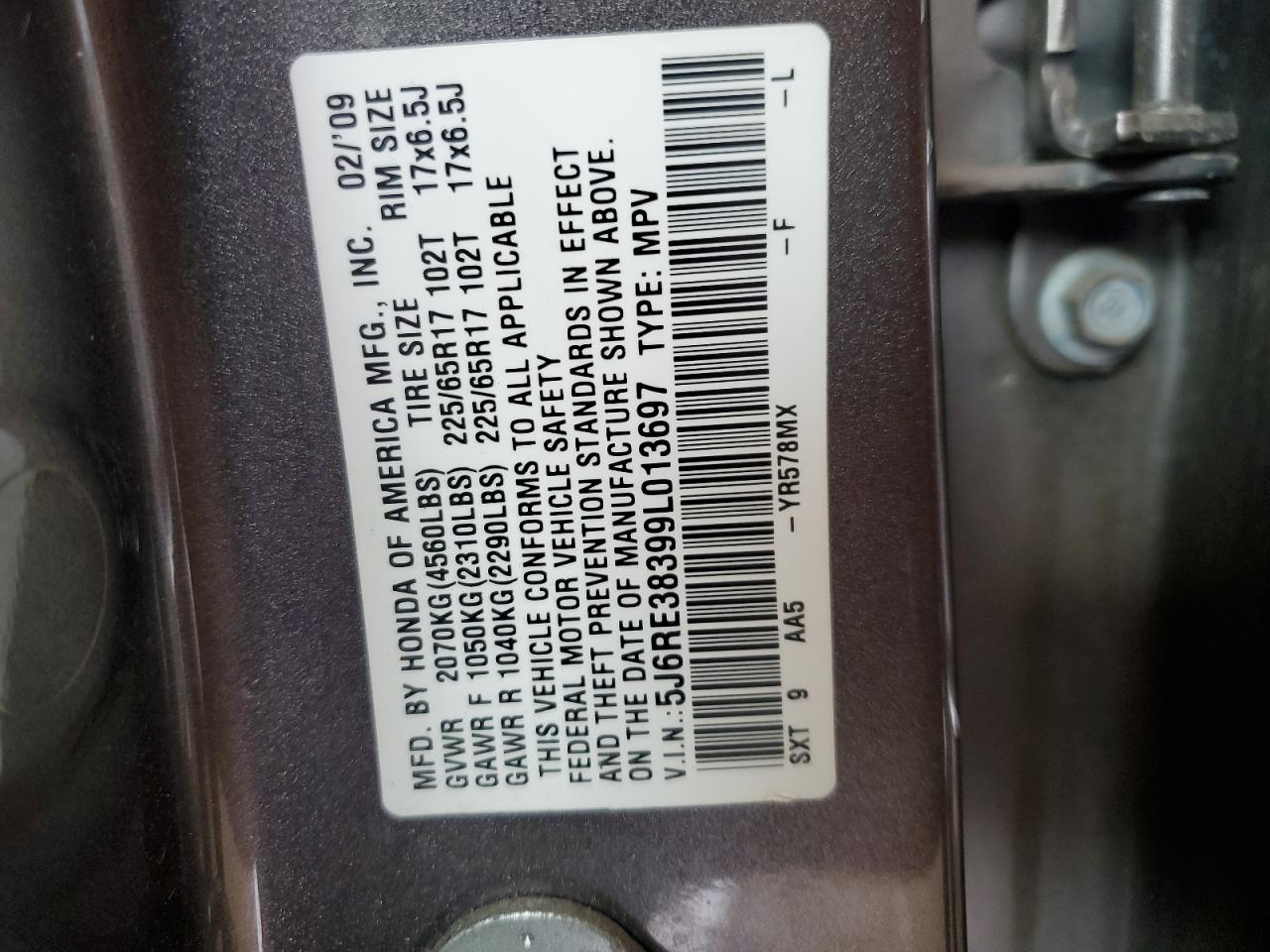 2009 Honda Cr-V Lx VIN: 5J6RE38399L013697 Lot: 64581684