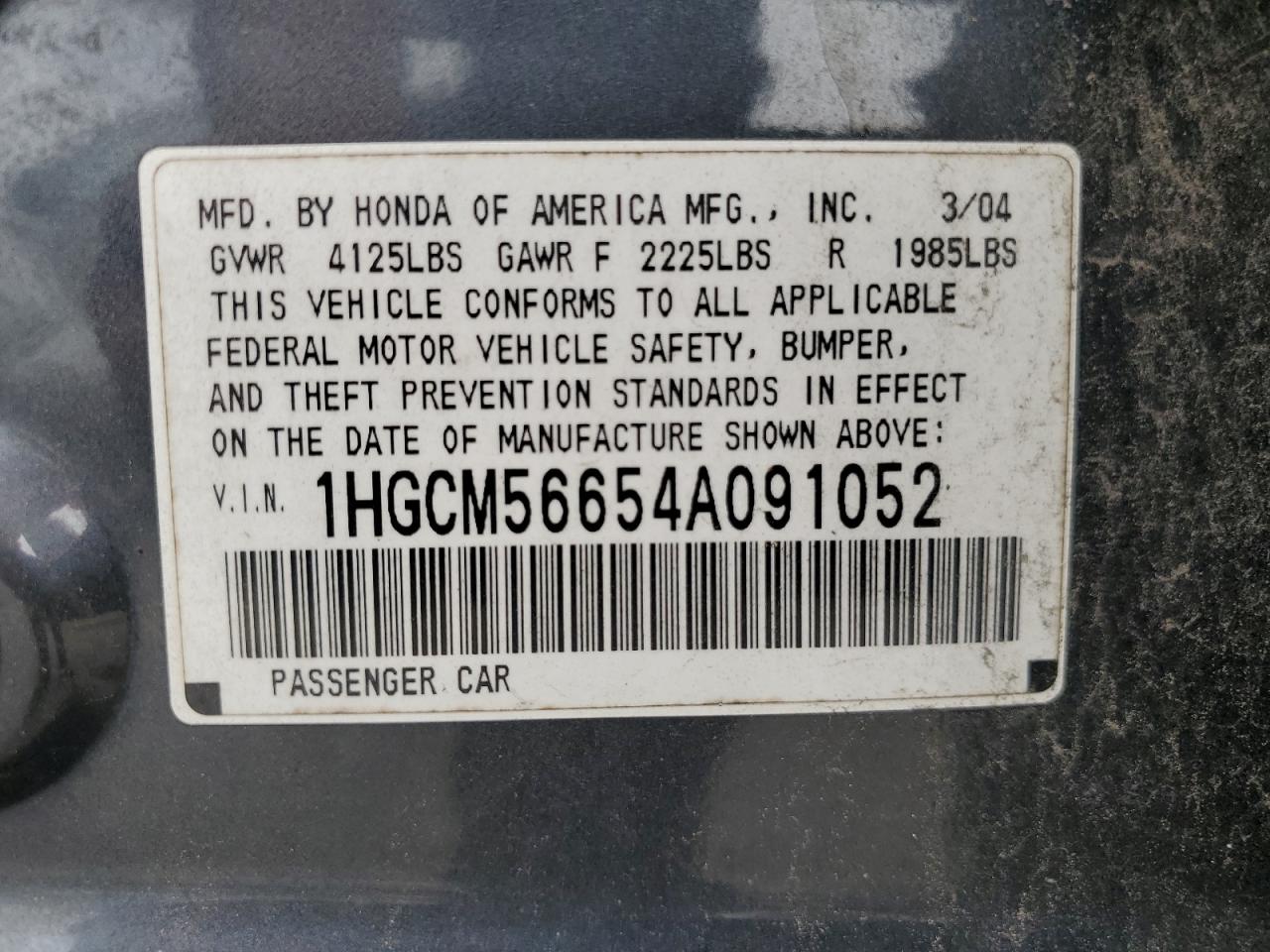 2004 Honda Accord Ex VIN: 1HGCM56654A091052 Lot: 62919704