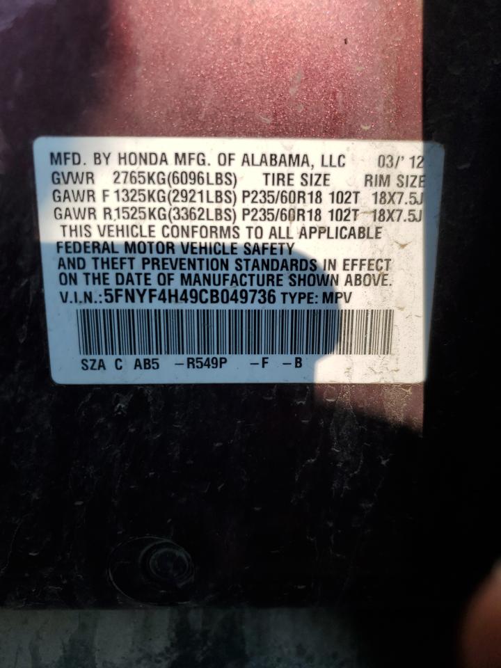 2012 Honda Pilot Ex VIN: 5FNYF4H49CB049736 Lot: 62270234