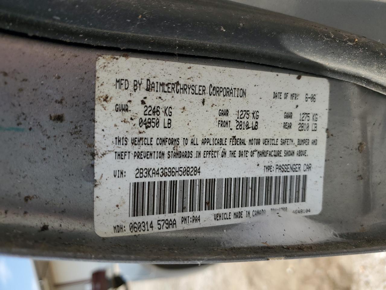 2006 Dodge Charger Se VIN: 2B3KA43G96H508284 Lot: 62145164