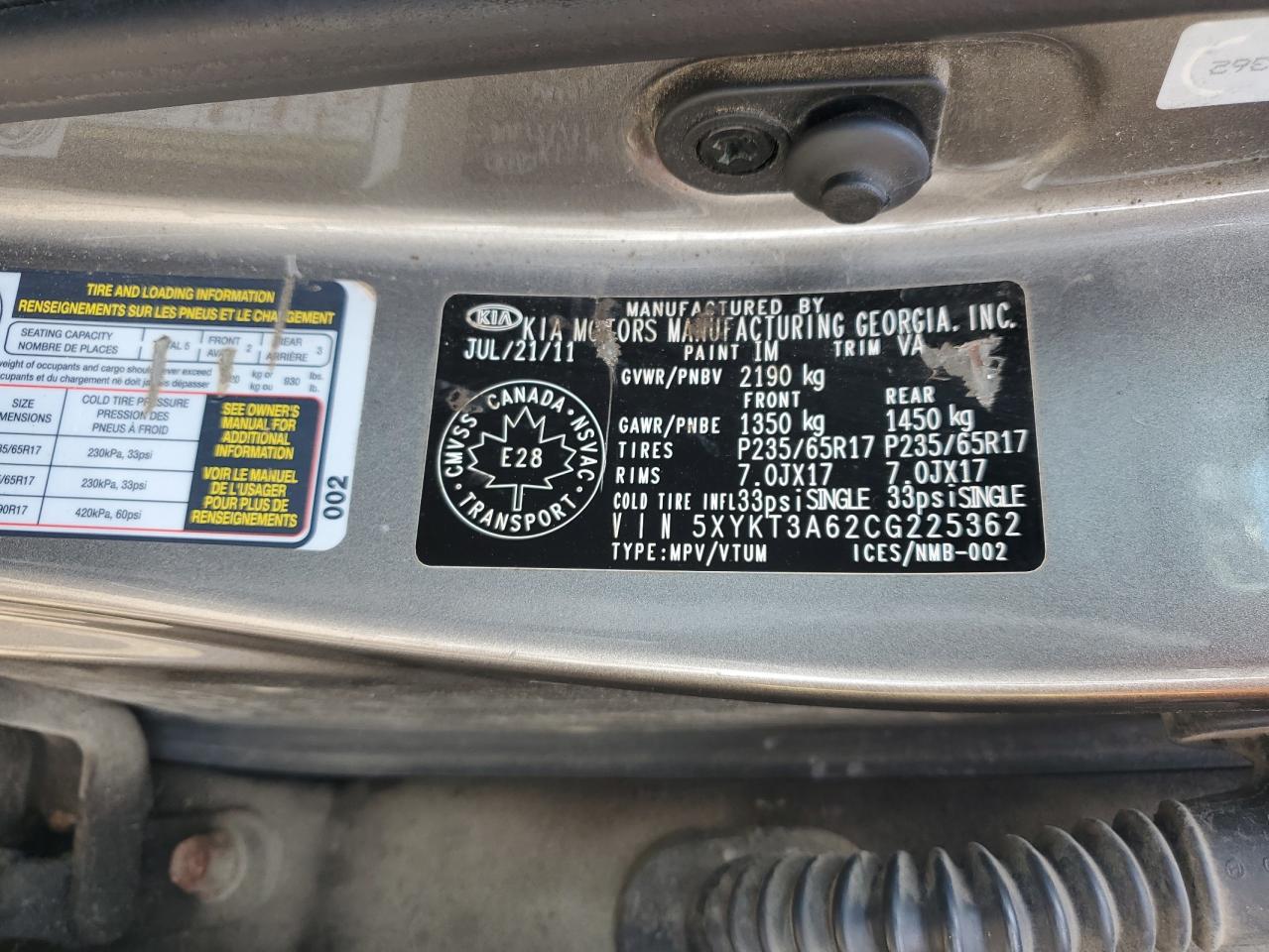 2012 Kia Sorento Base VIN: 5XYKT3A62CG225362 Lot: 64450974