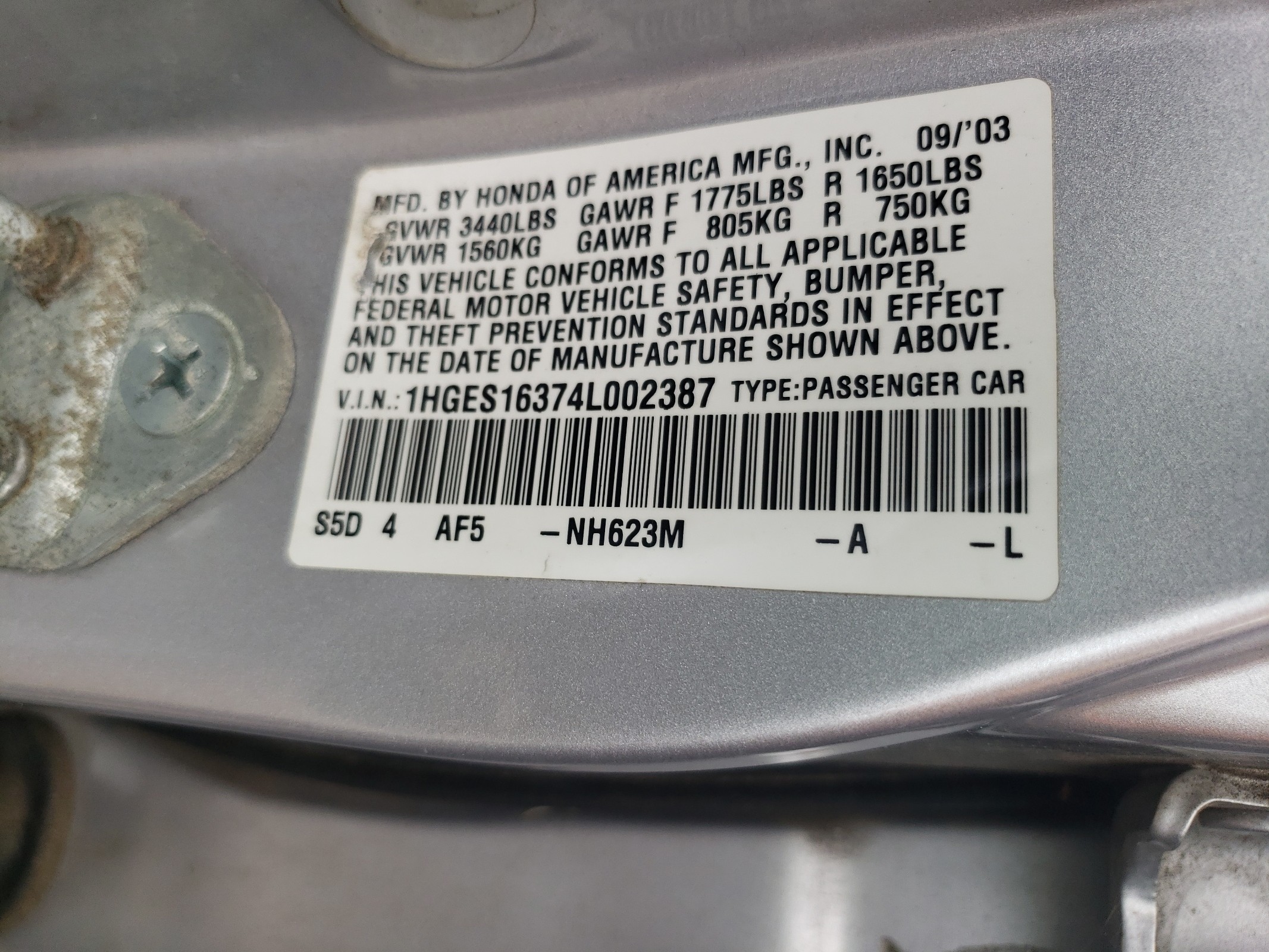 1HGES16374L002387 2004 Honda Civic Dx Vp