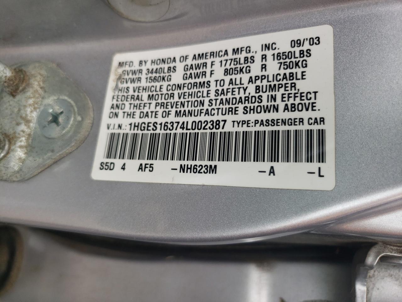 2004 Honda Civic Dx Vp VIN: 1HGES16374L002387 Lot: 61680304