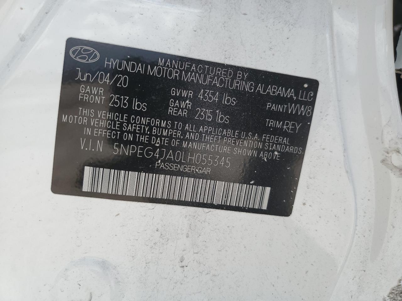 2020 Hyundai Sonata Se VIN: 5NPEG4JA0LH055345 Lot: 64911964