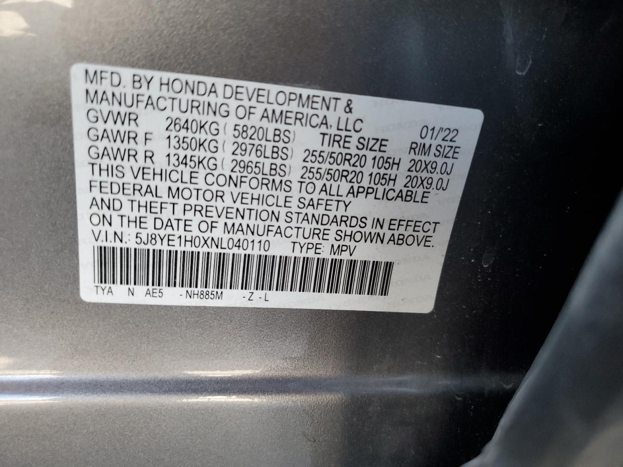 5J8YE1H0XNL040110 2022 Acura Mdx A-Spec