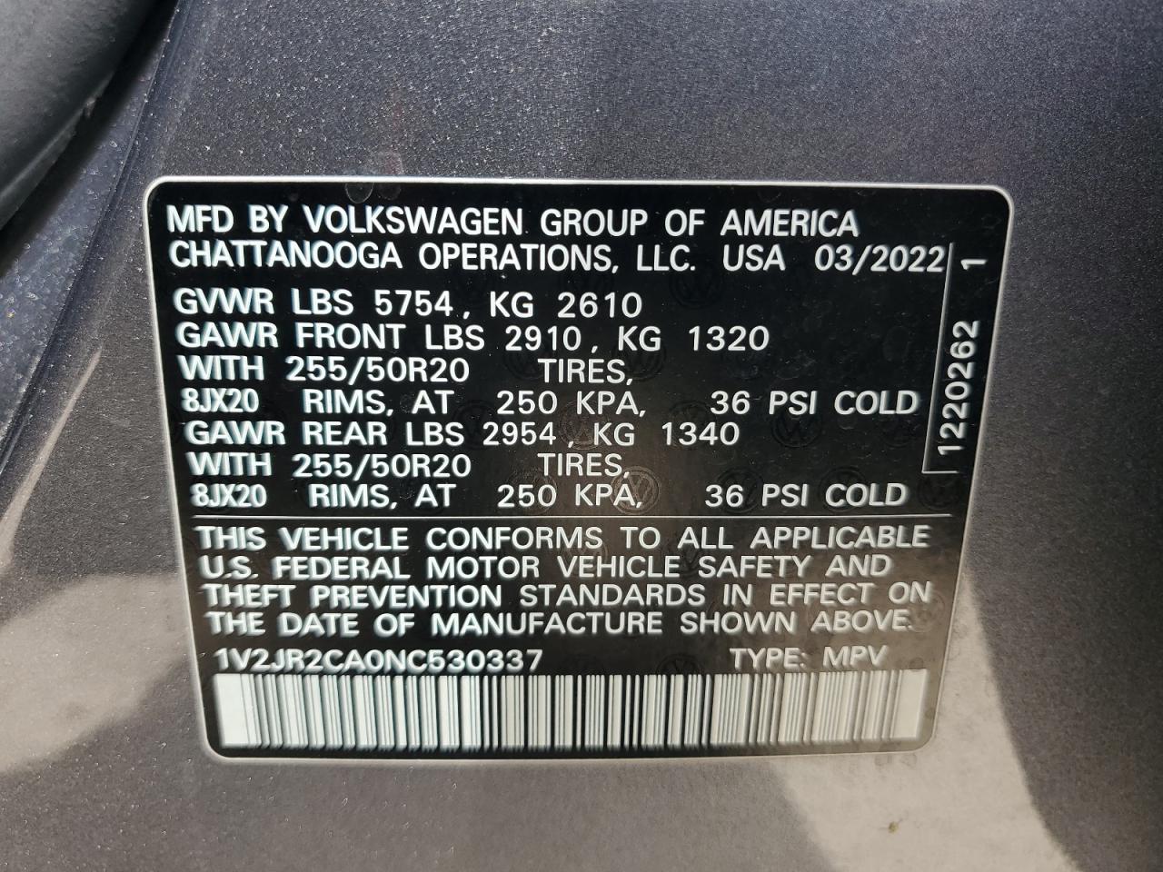 1V2JR2CA0NC530337 2022 Volkswagen Atlas Se