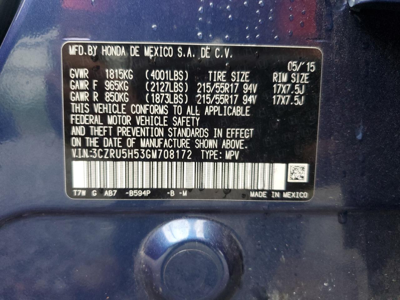 2016 Honda Hr-V Ex VIN: 3CZRU5H53GM708172 Lot: 63172124