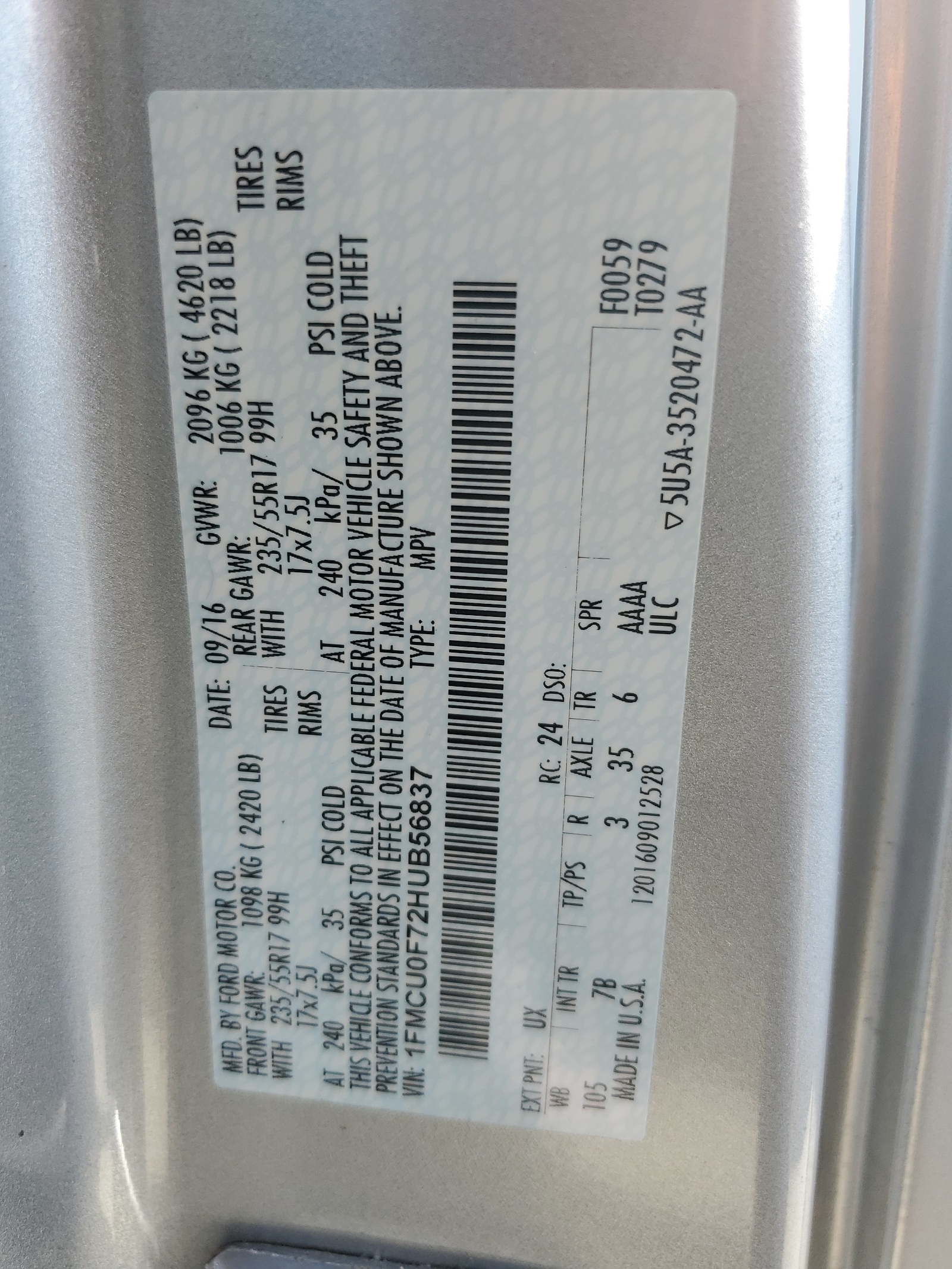 1FMCU0F72HUB56837 2017 Ford Escape S