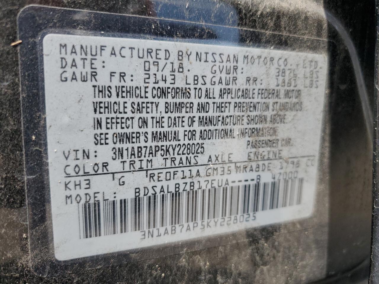 3N1AB7AP5KY228025 2019 Nissan Sentra S