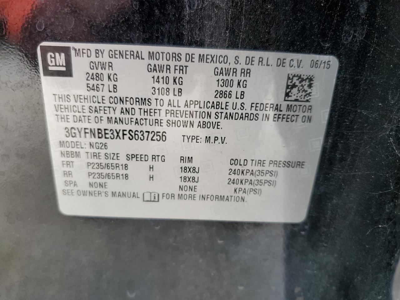 2015 Cadillac Srx Luxury Collection VIN: 3GYFNBE3XFS637256 Lot: 65228594