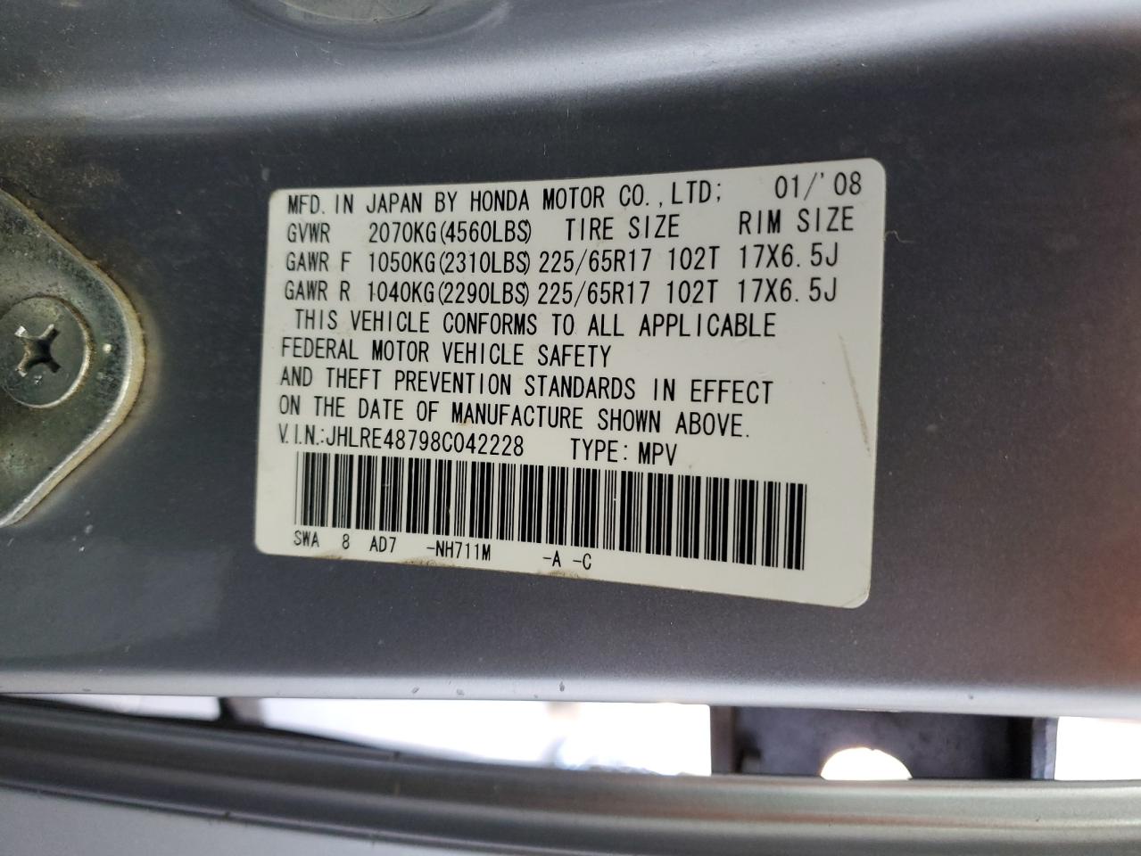 2008 Honda Cr-V Exl VIN: JHLRE48798C042228 Lot: 61950184