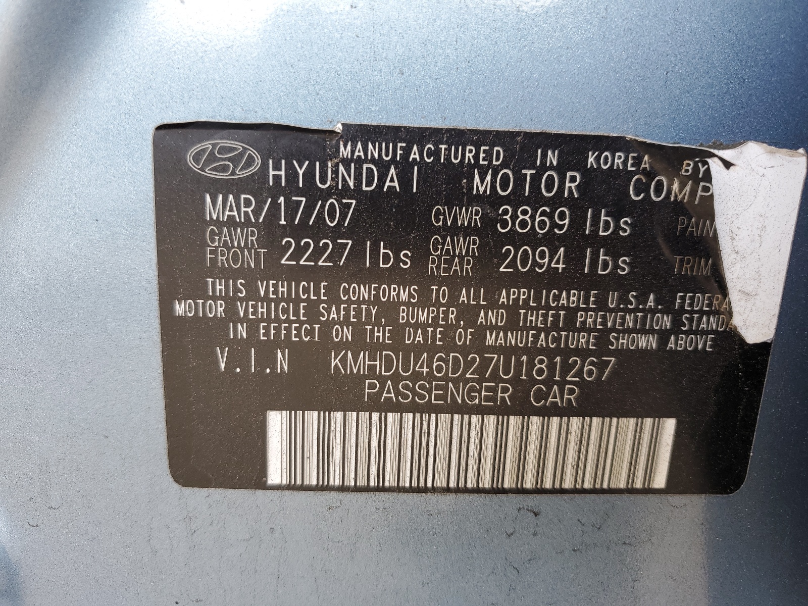 KMHDU46D27U181267 2007 Hyundai Elantra Gls