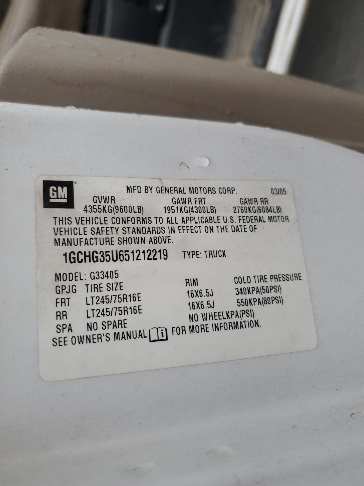 1GCHG35U651212219 2005 Chevrolet Express G3500