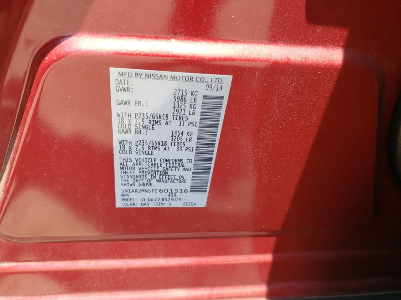 2015 Nissan Pathfinder S VIN: 5N1AR2MN5FC601516 Lot: 63760624