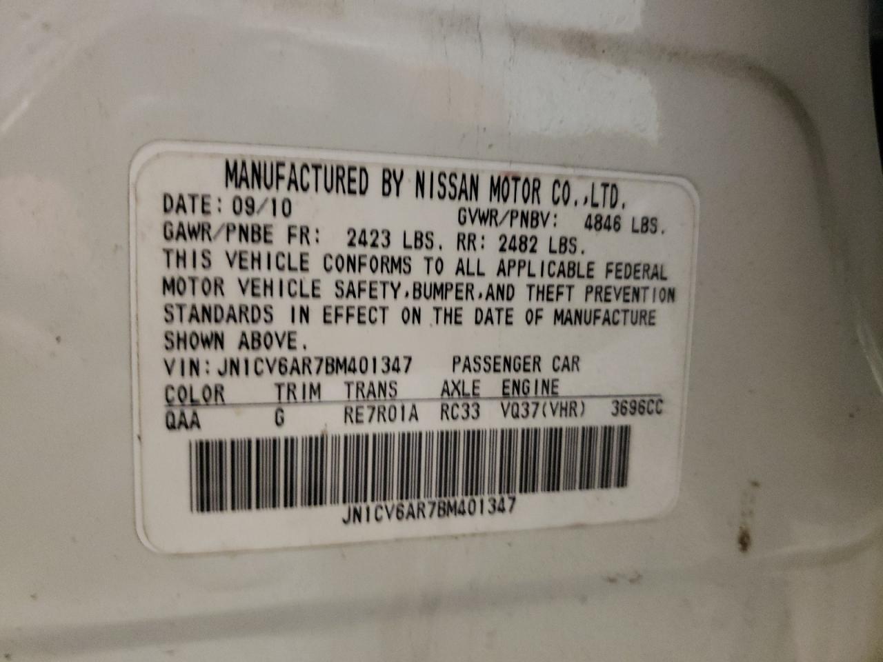 2011 Infiniti G37 VIN: JN1CV6AR7BM401347 Lot: 63305764