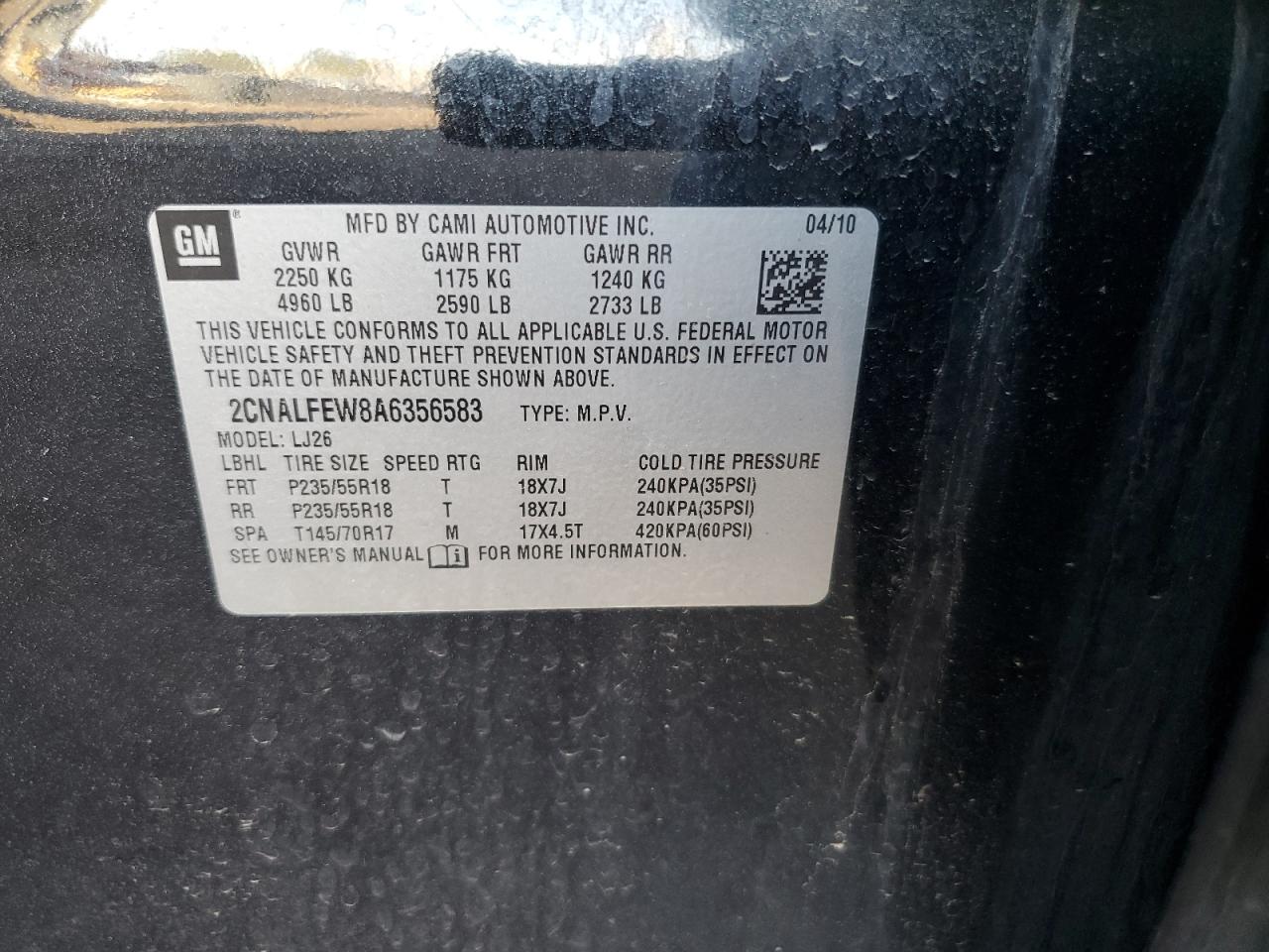 2010 Chevrolet Equinox Ltz VIN: 2CNALFEW8A6356583 Lot: 62325214