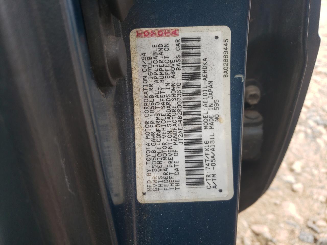 1994 Toyota Corolla VIN: JT2AE04B2R0073670 Lot: 63596874