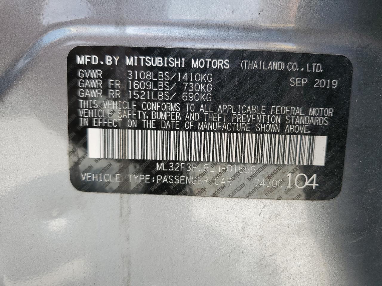 2020 Mitsubishi Mirage G4 Es VIN: ML32F3FJ6LHF01656 Lot: 62654384