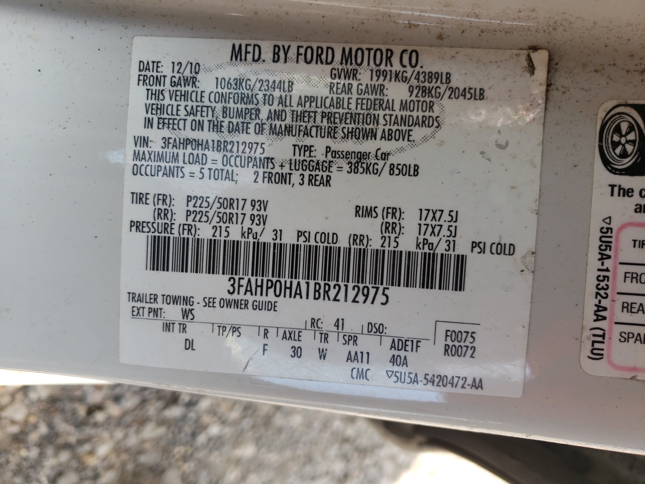 3FAHP0HA1BR212975 2011 Ford Fusion Se