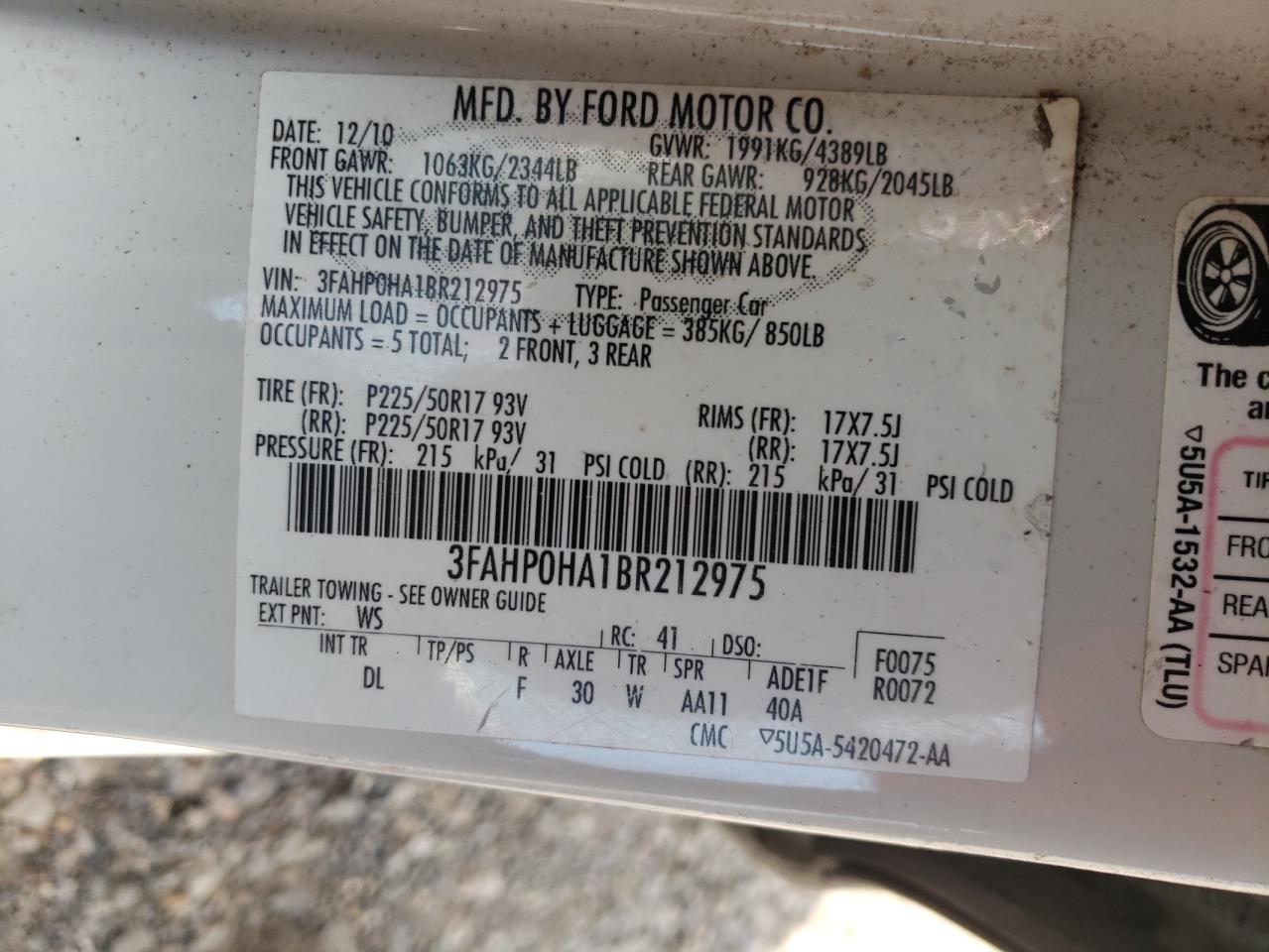2011 Ford Fusion Se VIN: 3FAHP0HA1BR212975 Lot: 64060394