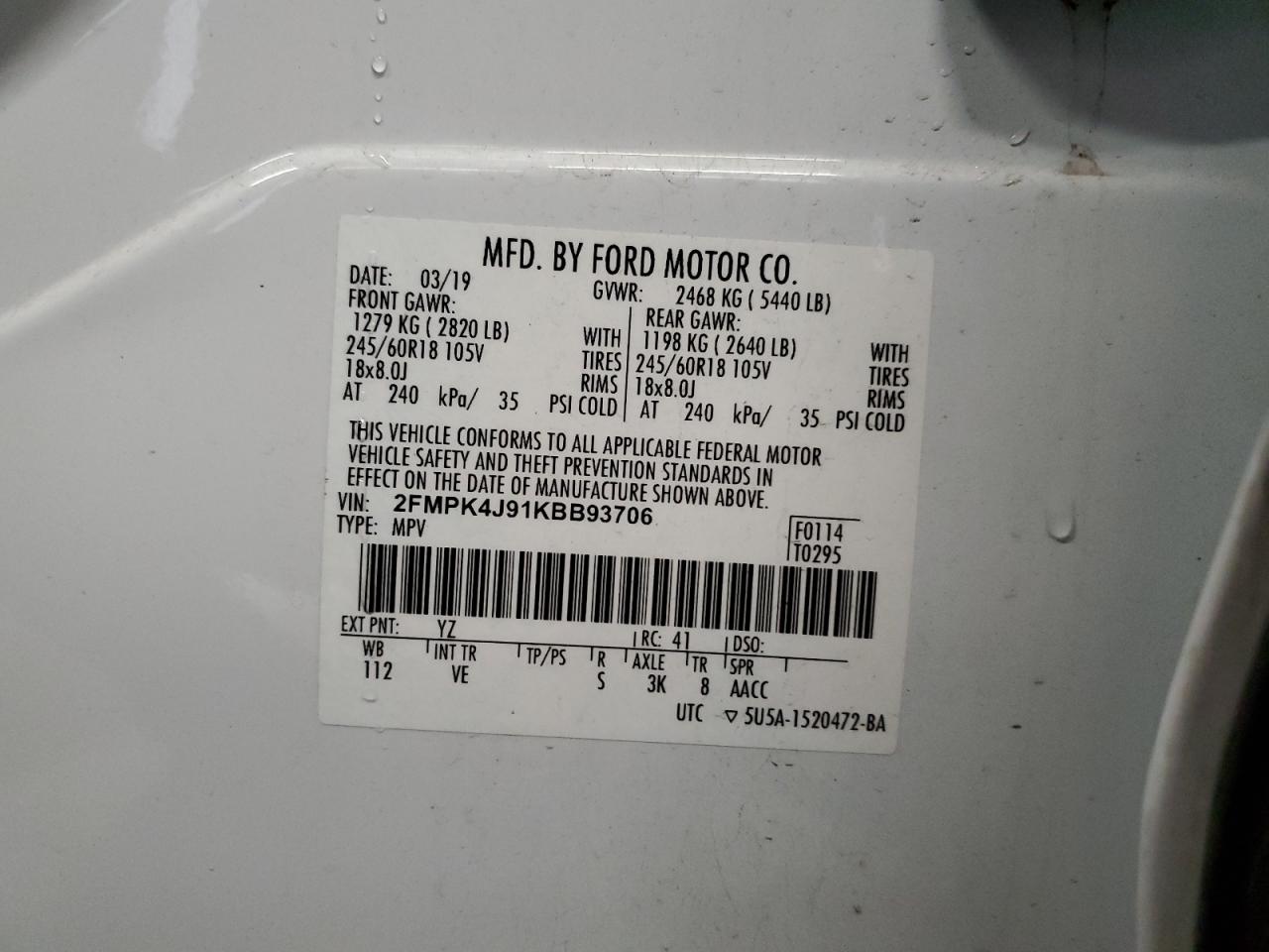 2019 Ford Edge Sel VIN: 2FMPK4J91KBB93706 Lot: 63506284