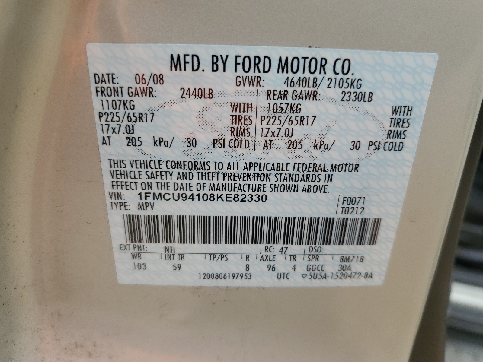 1FMCU94108KE82330 2008 Ford Escape Limited