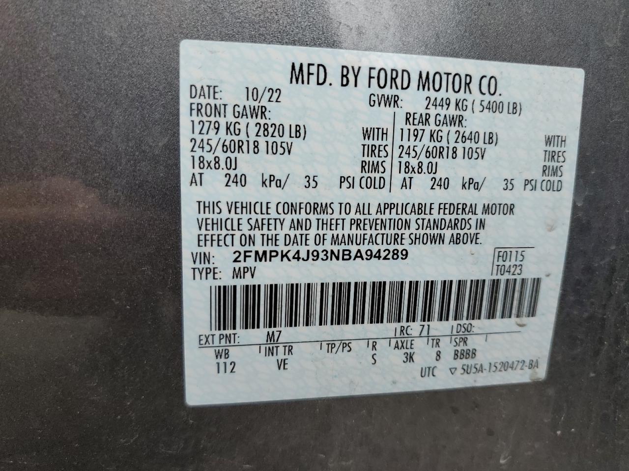 2022 Ford Edge Sel VIN: 2FMPK4J93NBA94289 Lot: 64312934