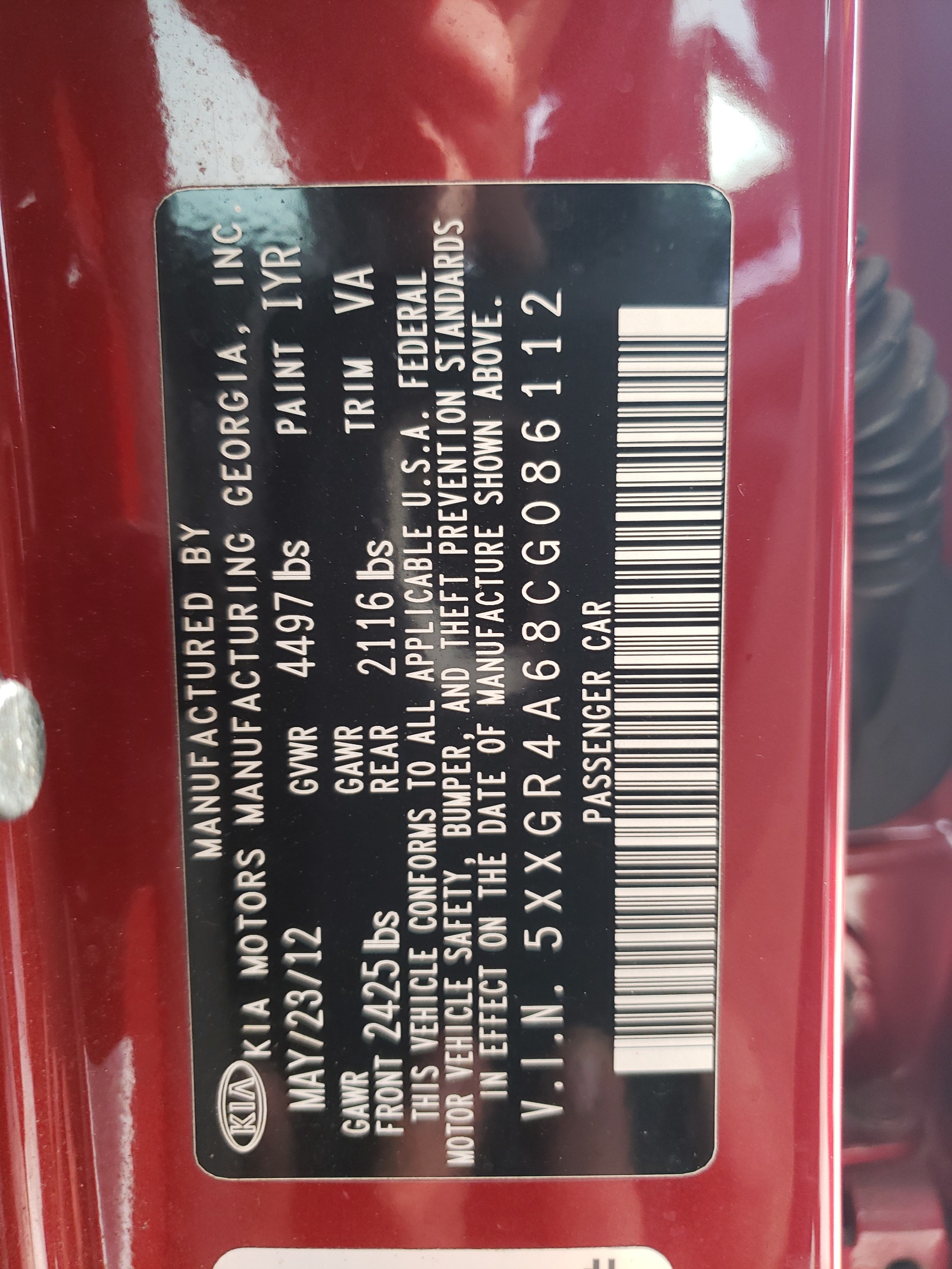 5XXGR4A68CG086112 2012 Kia Optima Sx