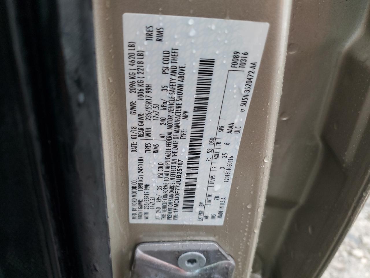 2018 Ford Escape S VIN: 1FMCU0F77JUB25167 Lot: 63043814