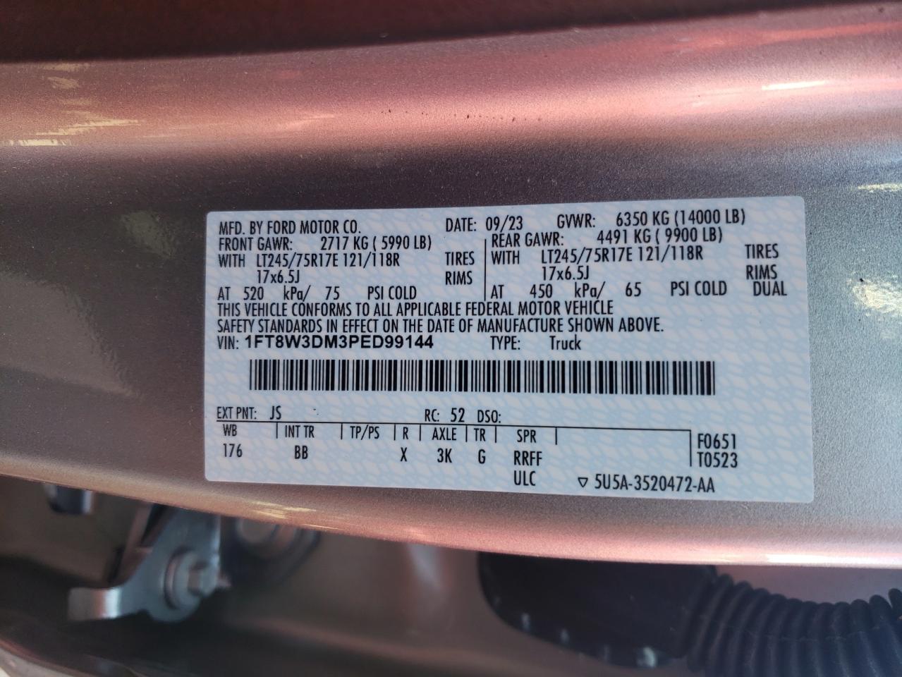 2023 Ford F350 Super Duty VIN: 1FT8W3DM3PED99144 Lot: 60036704