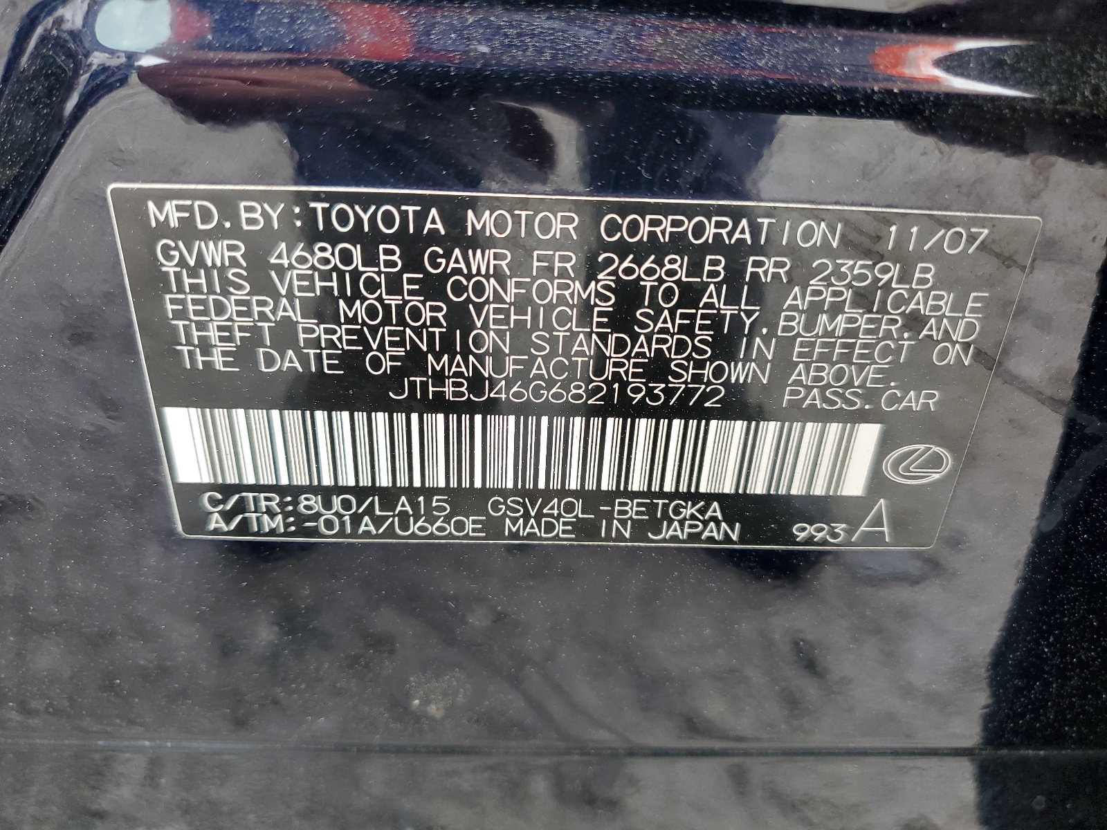 JTHBJ46G682193772 2008 Lexus Es 350