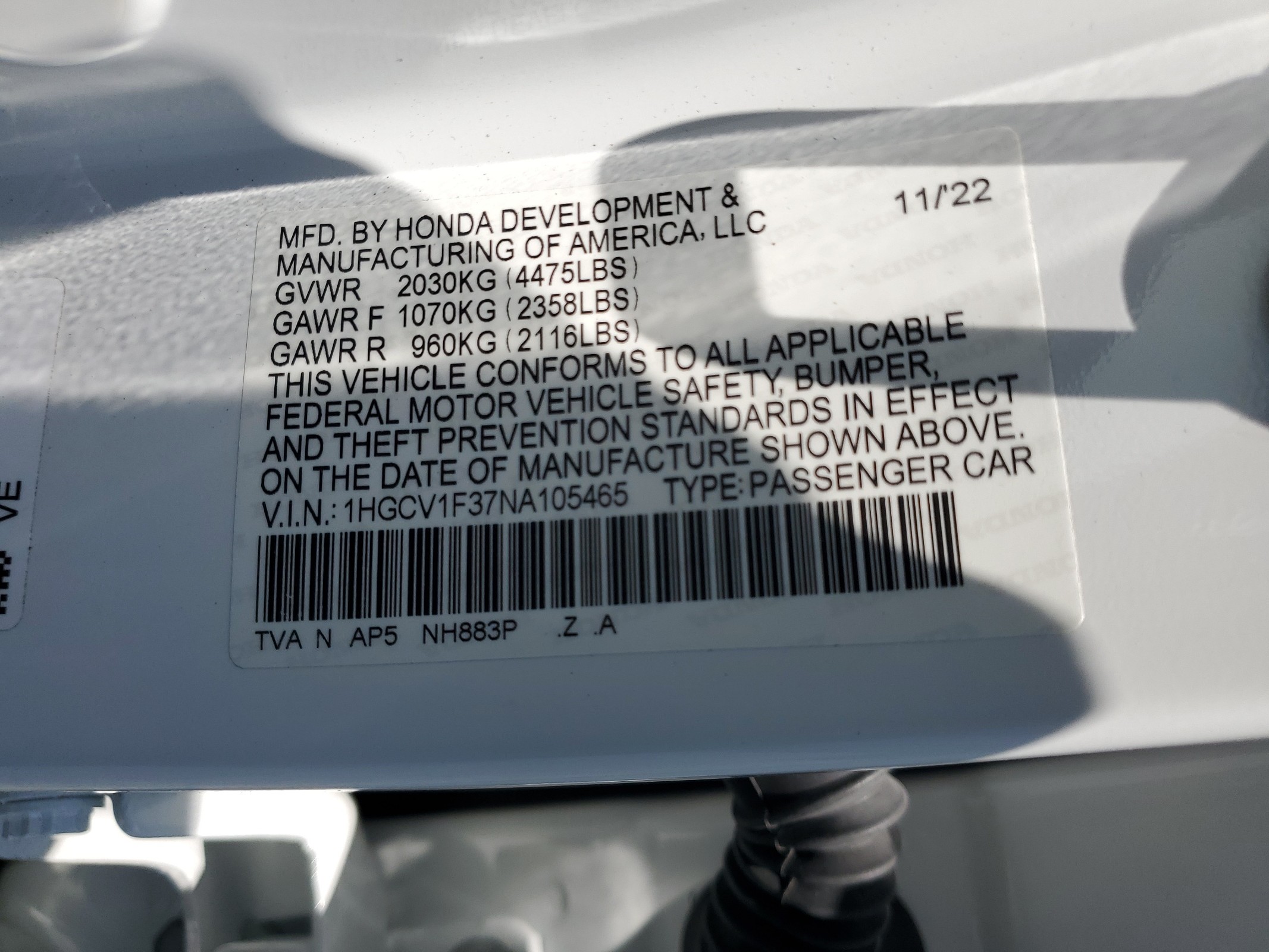 1HGCV1F37NA105465 2022 Honda Accord Sport