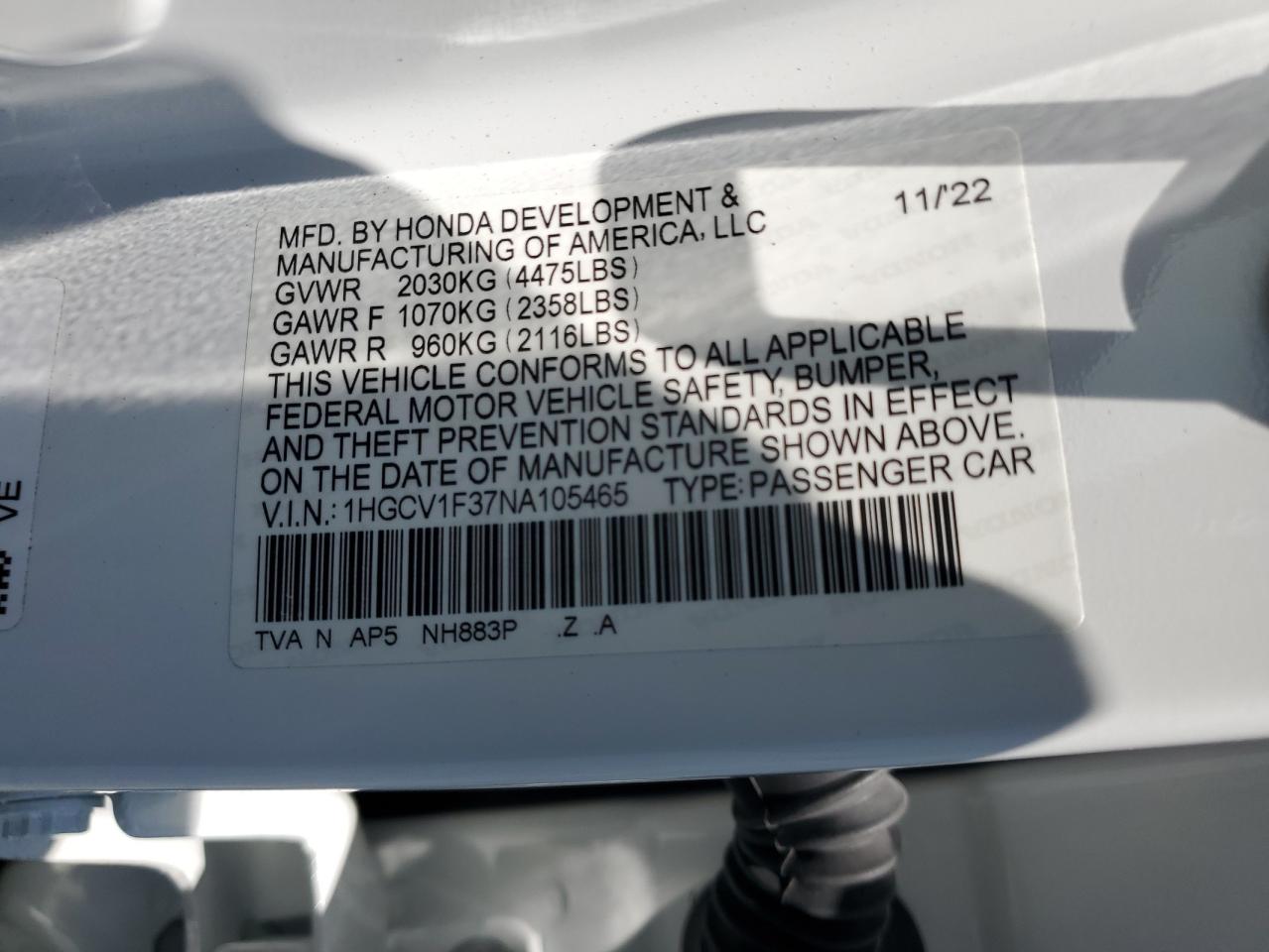 2022 Honda Accord Sport VIN: 1HGCV1F37NA105465 Lot: 63191234