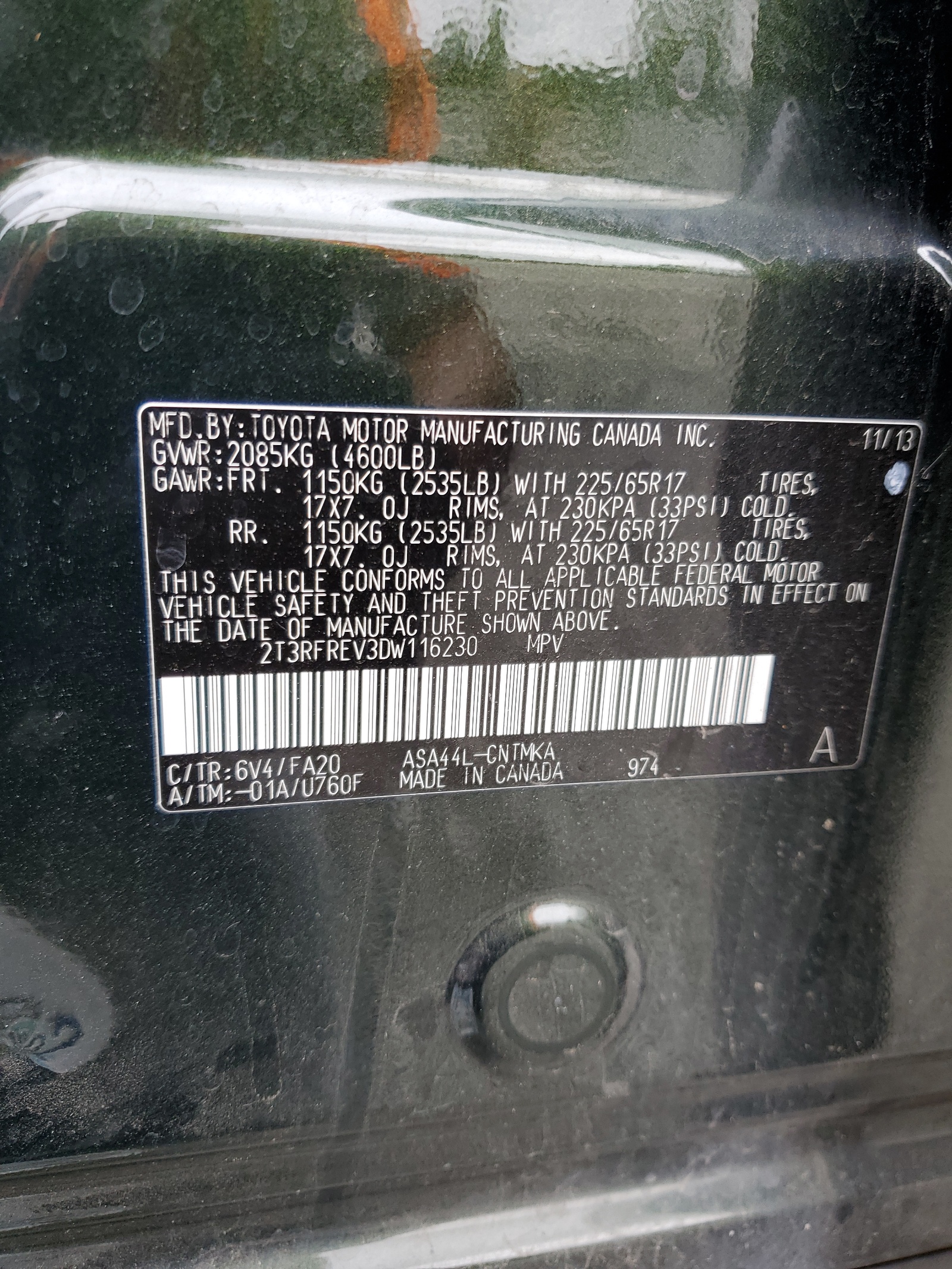 2T3RFREV3DW116230 2013 Toyota Rav4 Xle