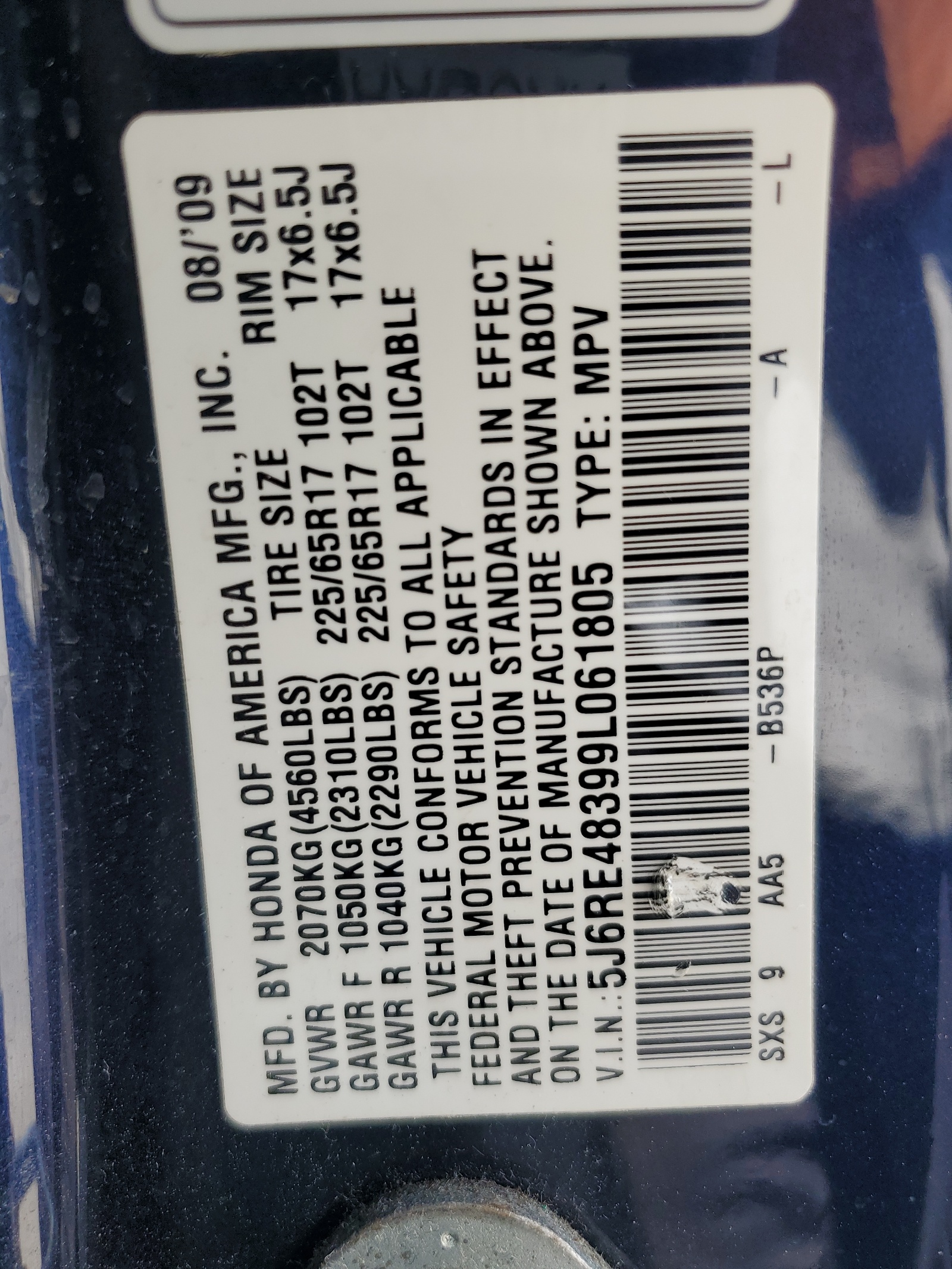 5J6RE48399L061805 2009 Honda Cr-V Lx