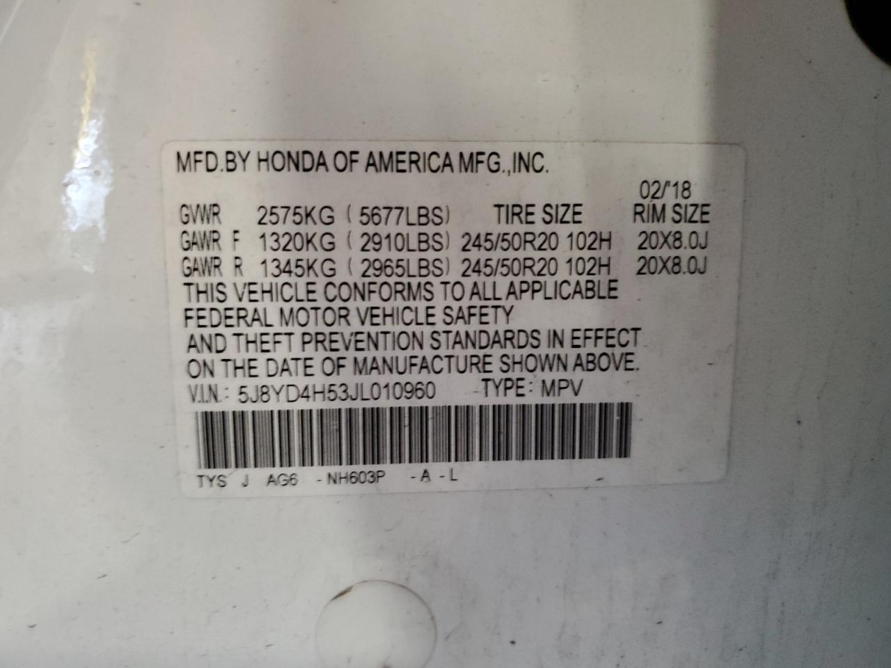 2018 Acura Mdx Technology VIN: 5J8YD4H53JL010960 Lot: 63061154