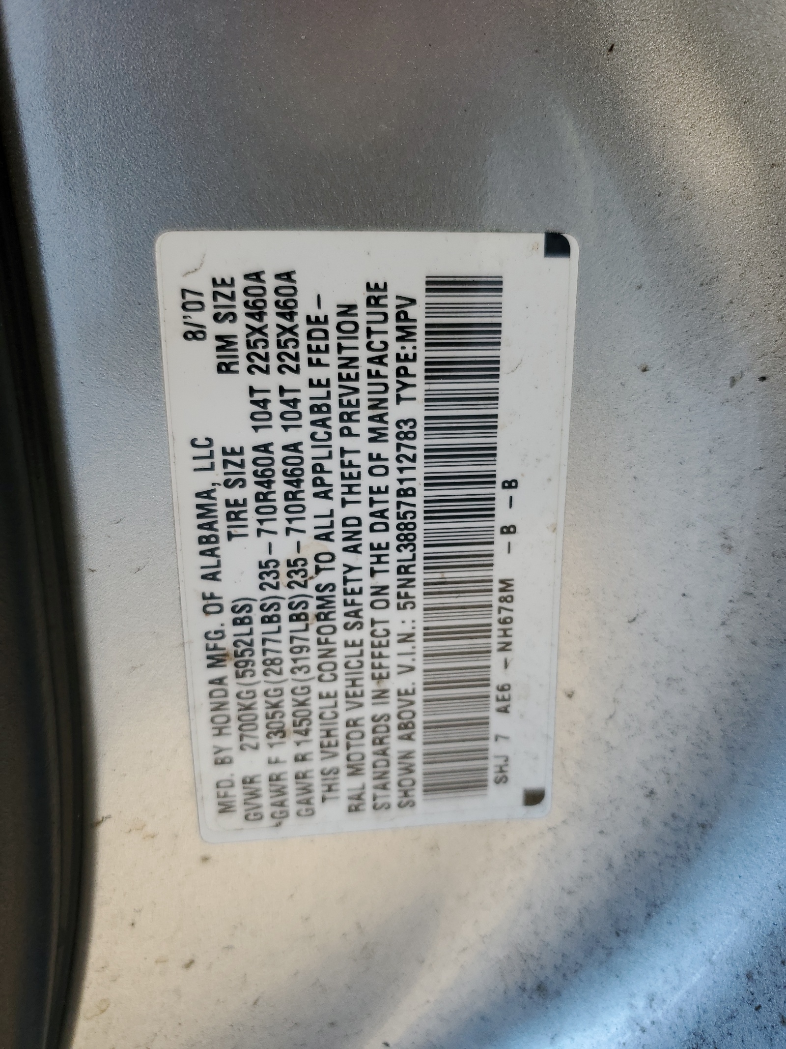 5FNRL38857B112783 2007 Honda Odyssey Touring