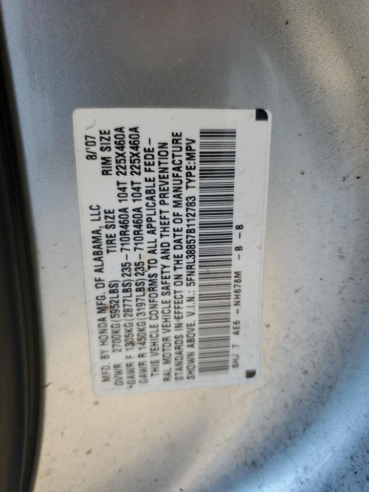 2007 Honda Odyssey Touring VIN: 5FNRL38857B112783 Lot: 62863114