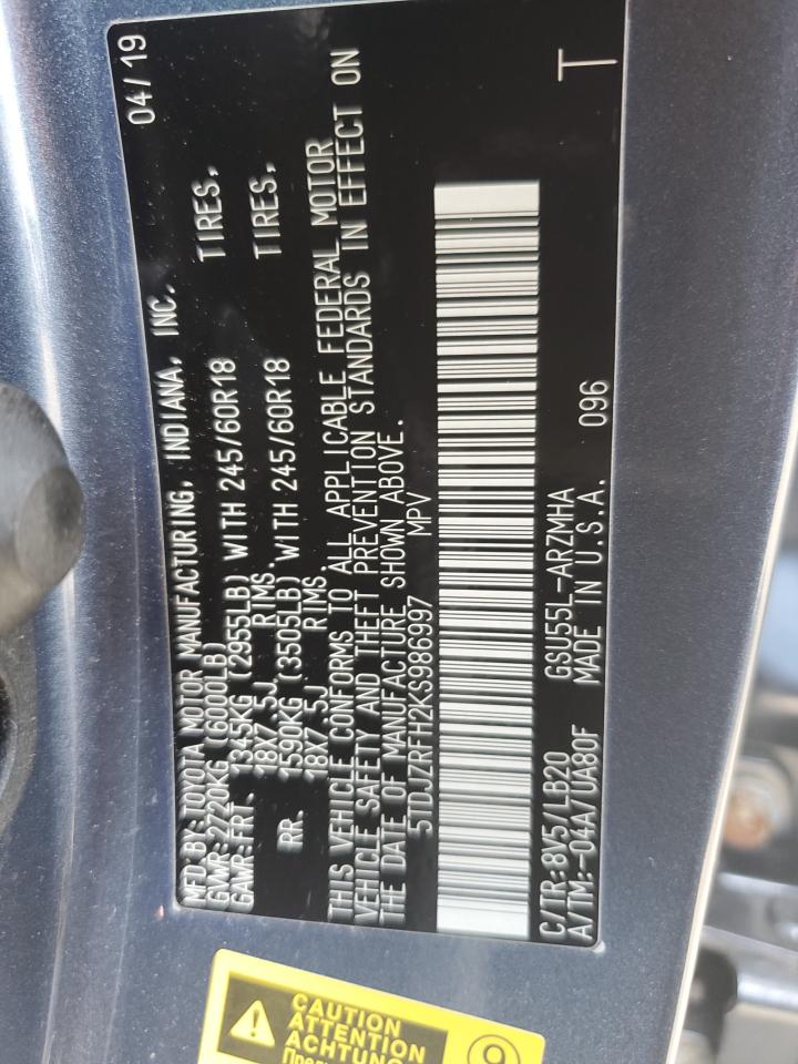 2019 Toyota Highlander Se VIN: 5TDJZRFH2KS986997 Lot: 61201174