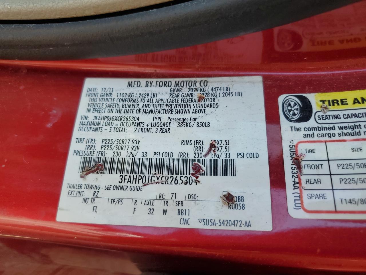 2012 Ford Fusion Sel VIN: 3FAHP0JGXCR265304 Lot: 62868834