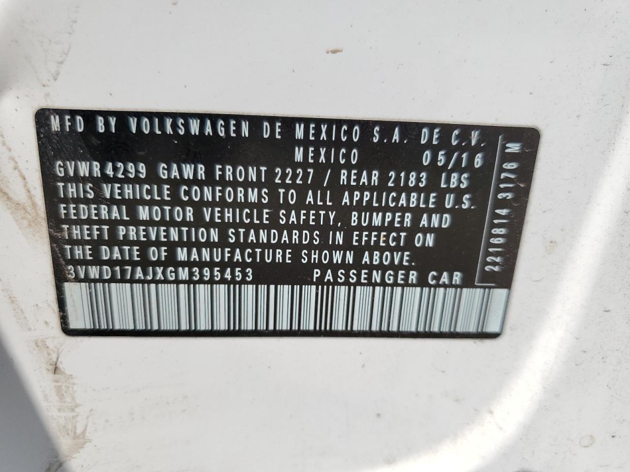 2016 Volkswagen Jetta Sport VIN: 3VWD17AJXGM395453 Lot: 65243244