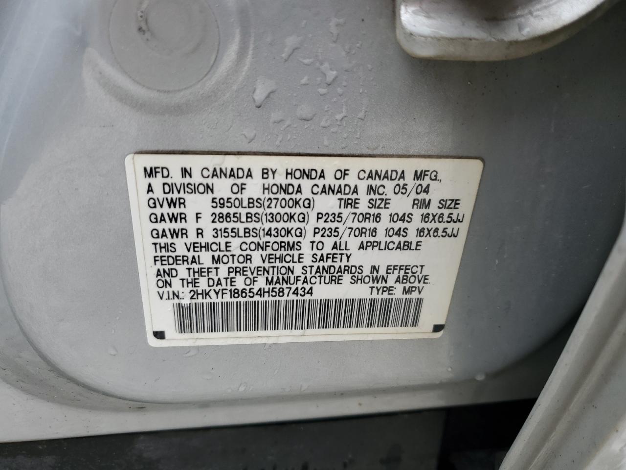 2004 Honda Pilot Exl VIN: 2HKYF18654H587434 Lot: 61457544