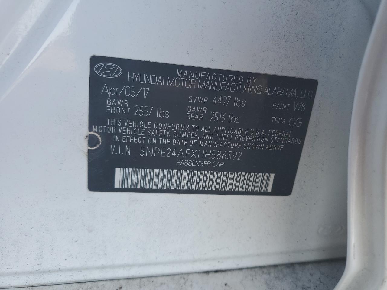 5NPE24AFXHH586392 2017 Hyundai Sonata Se